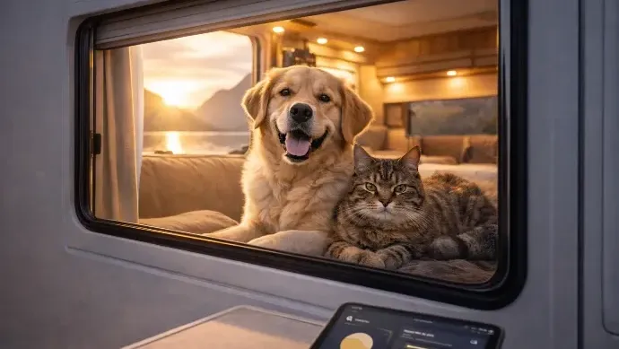 Hond en kat in een camper met temperatuurbewaking