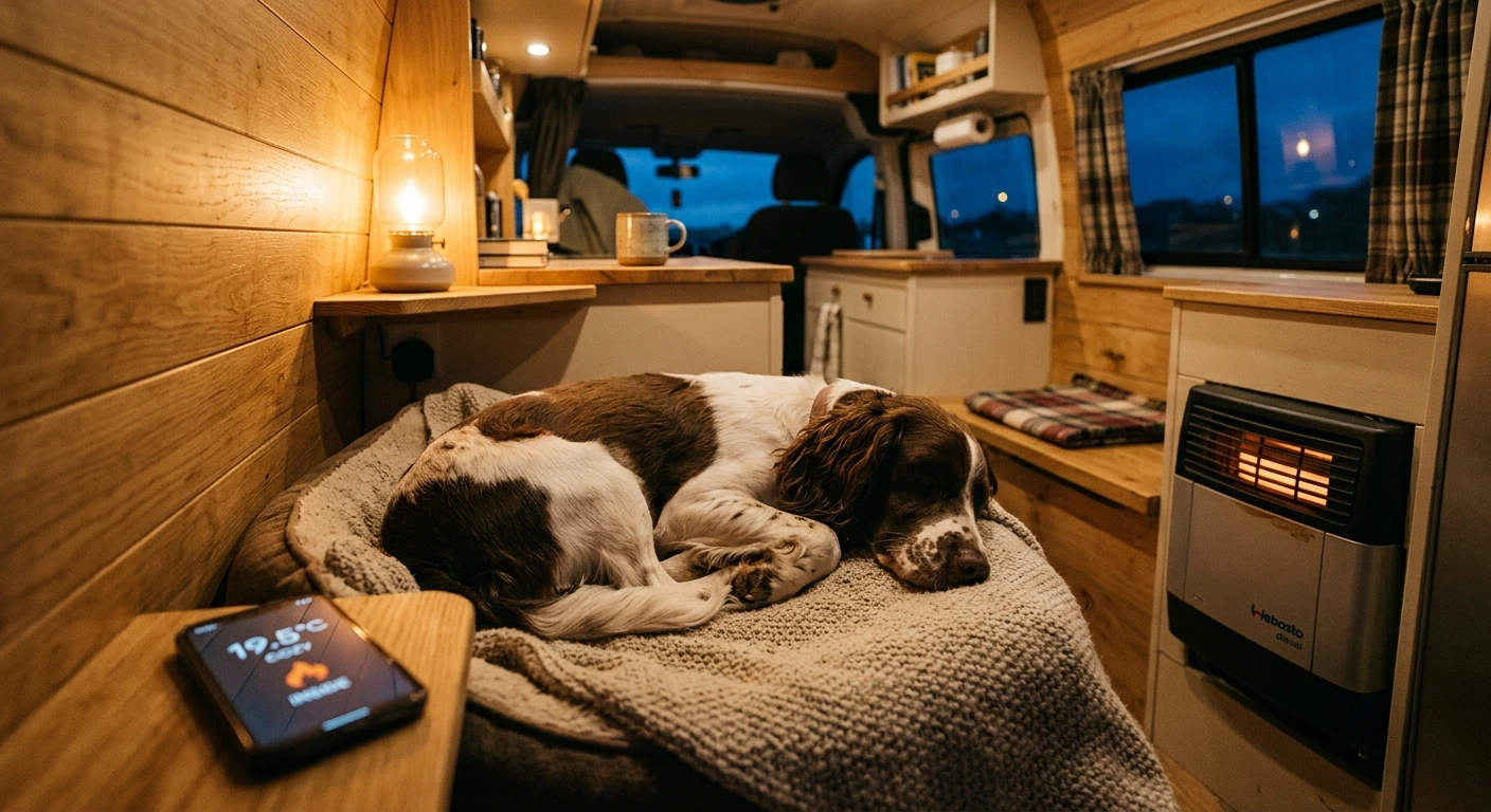 ond ligt in een camper met temperatuurbewaking