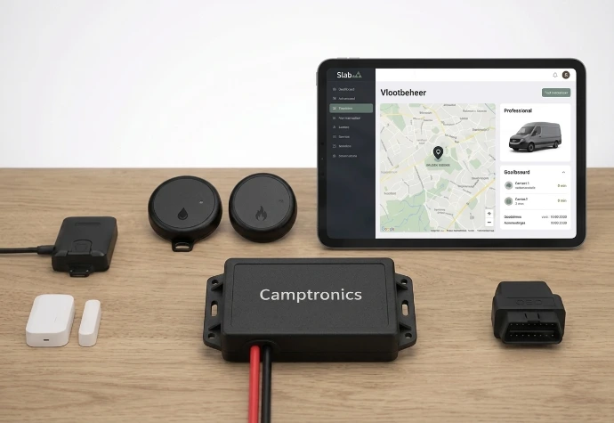 Camptronics module met app en dashboard op tablet